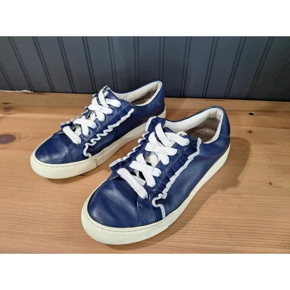 Tory Sport Ruffle Sneakers Navy Blue Leather Low Top Trainers 39506 Womens 7M - Picture 3 of 8